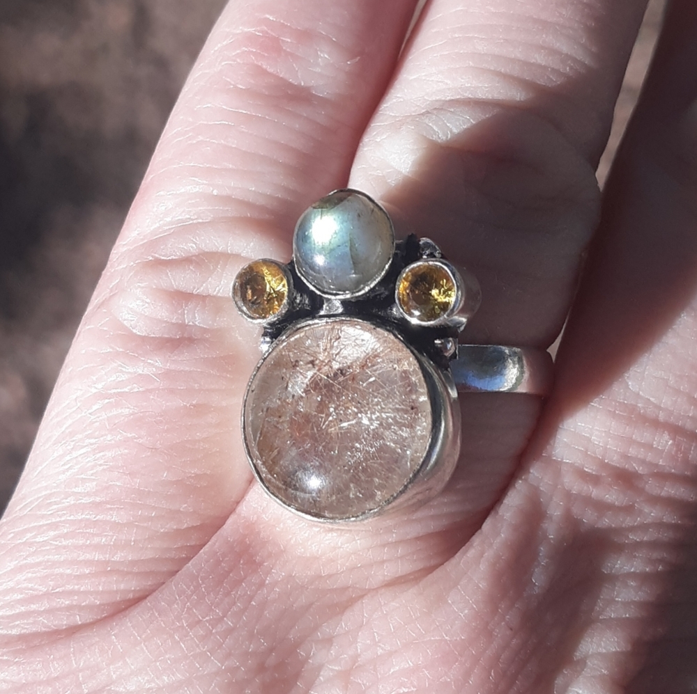 New Rutilated Quartz, Labradorite & Citrine 925 Silver Ring.